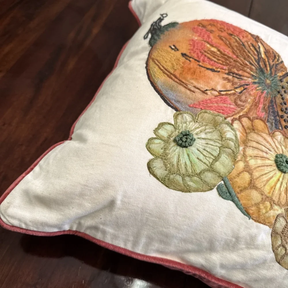 Pottery Barn Throw Pillow Velvet‎ Embroidered Applique Botanical Feather Insert